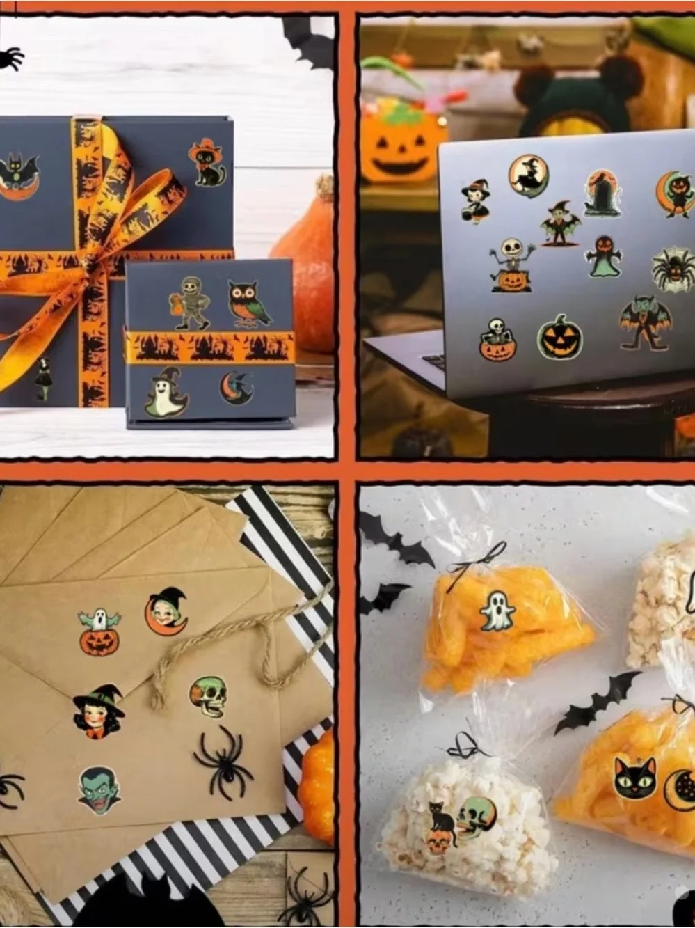 64 Vintage Halloween Stickers - Orange, Black & Green Kids Pumpkin Ghost Owl Cat